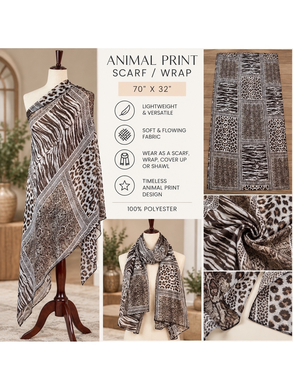 Animal Print Scarf Wrap Lightweight Soft Polyester 70x32